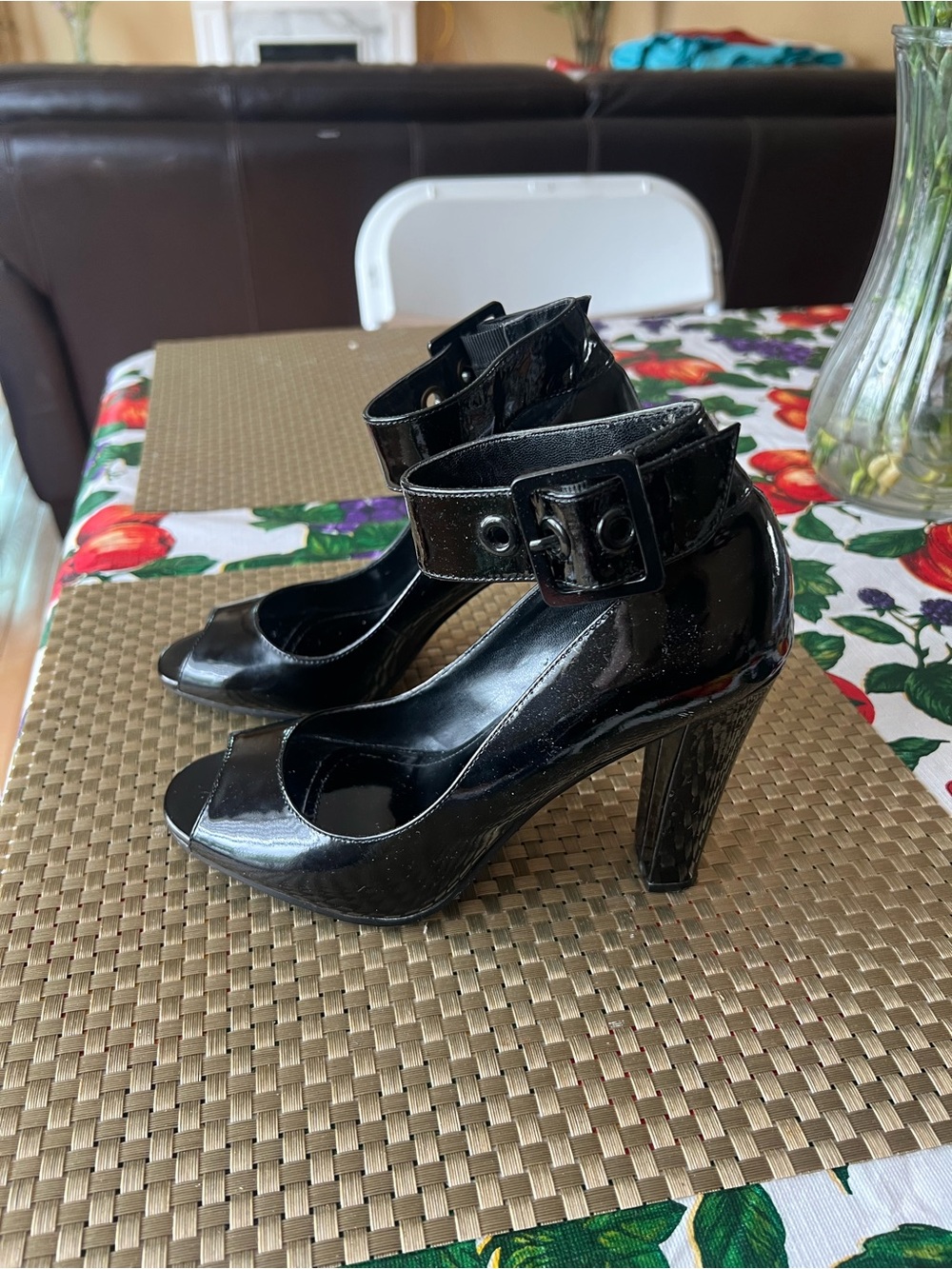 Steve Madden Black Patent Peep-Toe High Heels with Ankle Buckle